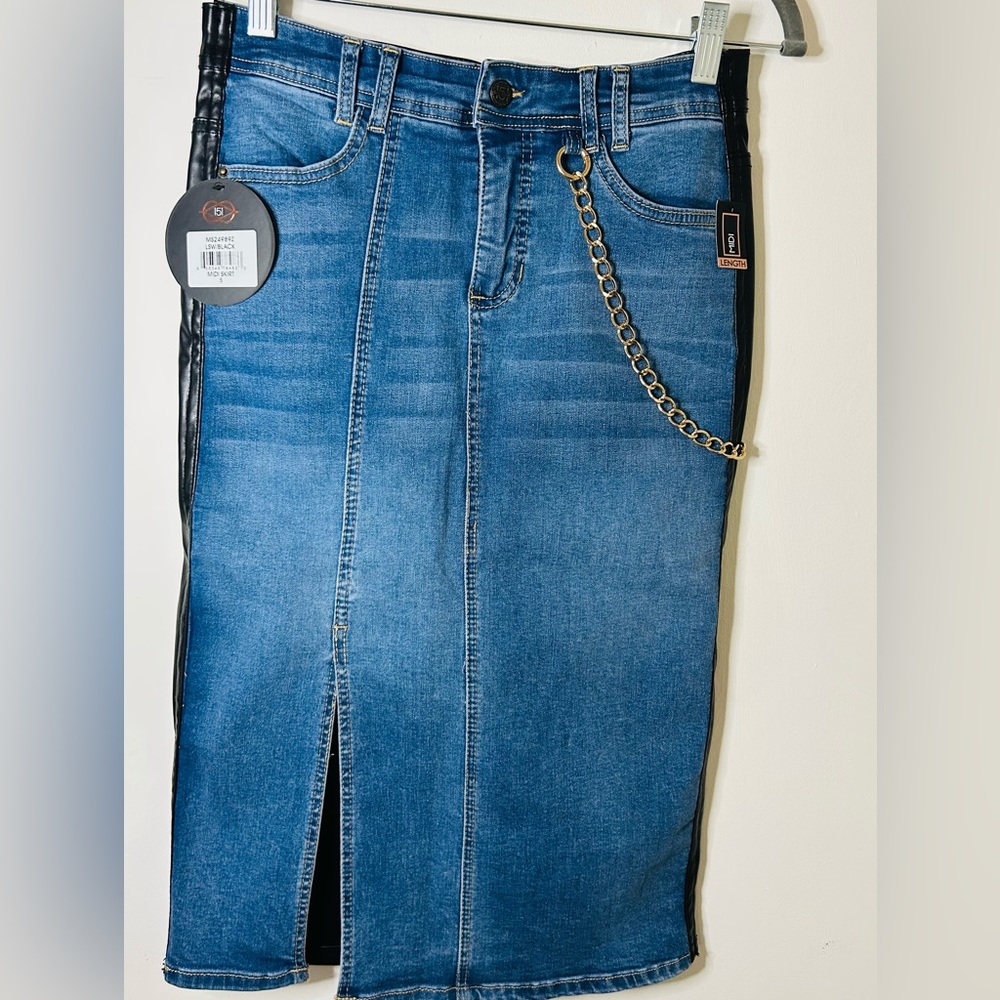 Faux leather and denim skirt